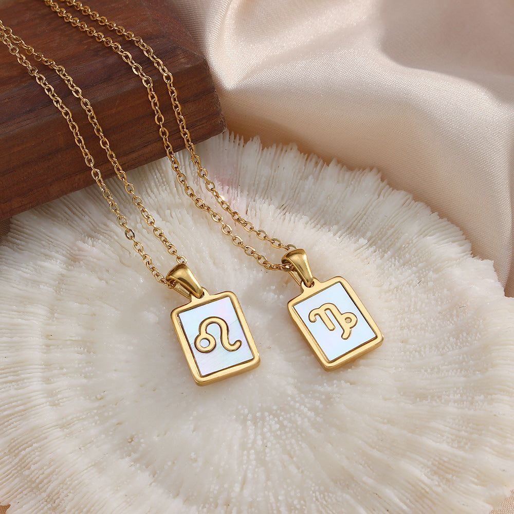 Collana con ciondolo segno zodiacale alla moda da donna con catena in acciaio inossidabile e intarsio in conchiglia naturale a forma di quadrato geometrico