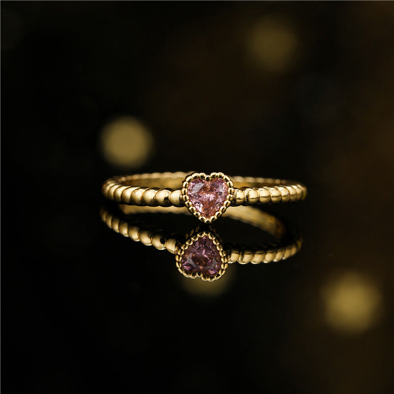 Minimalist Geometric Heart-Shaped Zirconia Ring for Women with Copper Base and 18K Gold Plating