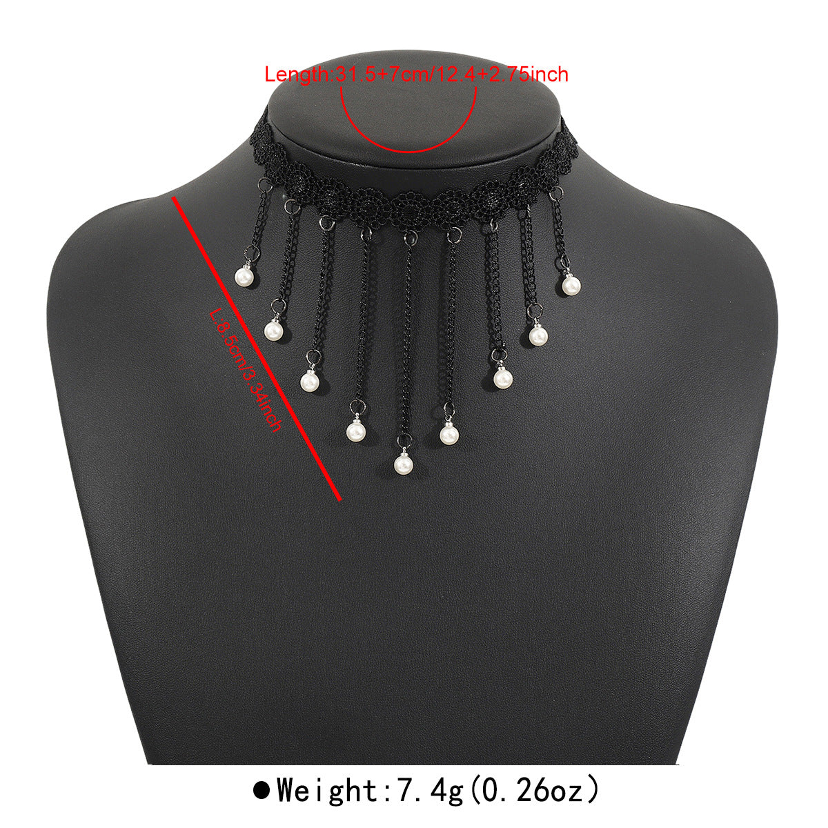Gargantilla de encaje vintage oscuro con colgante de perla de imitación y detalles de flecos para mujer