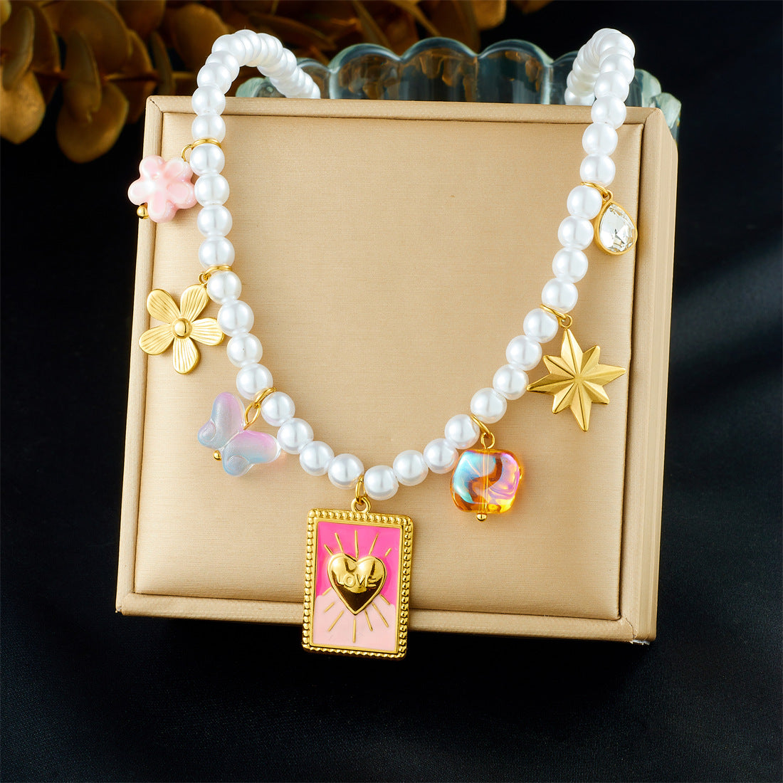 Vintage Elegant Heart Bow Stainless Steel Plated Pearl Ball Chain Necklace for Women