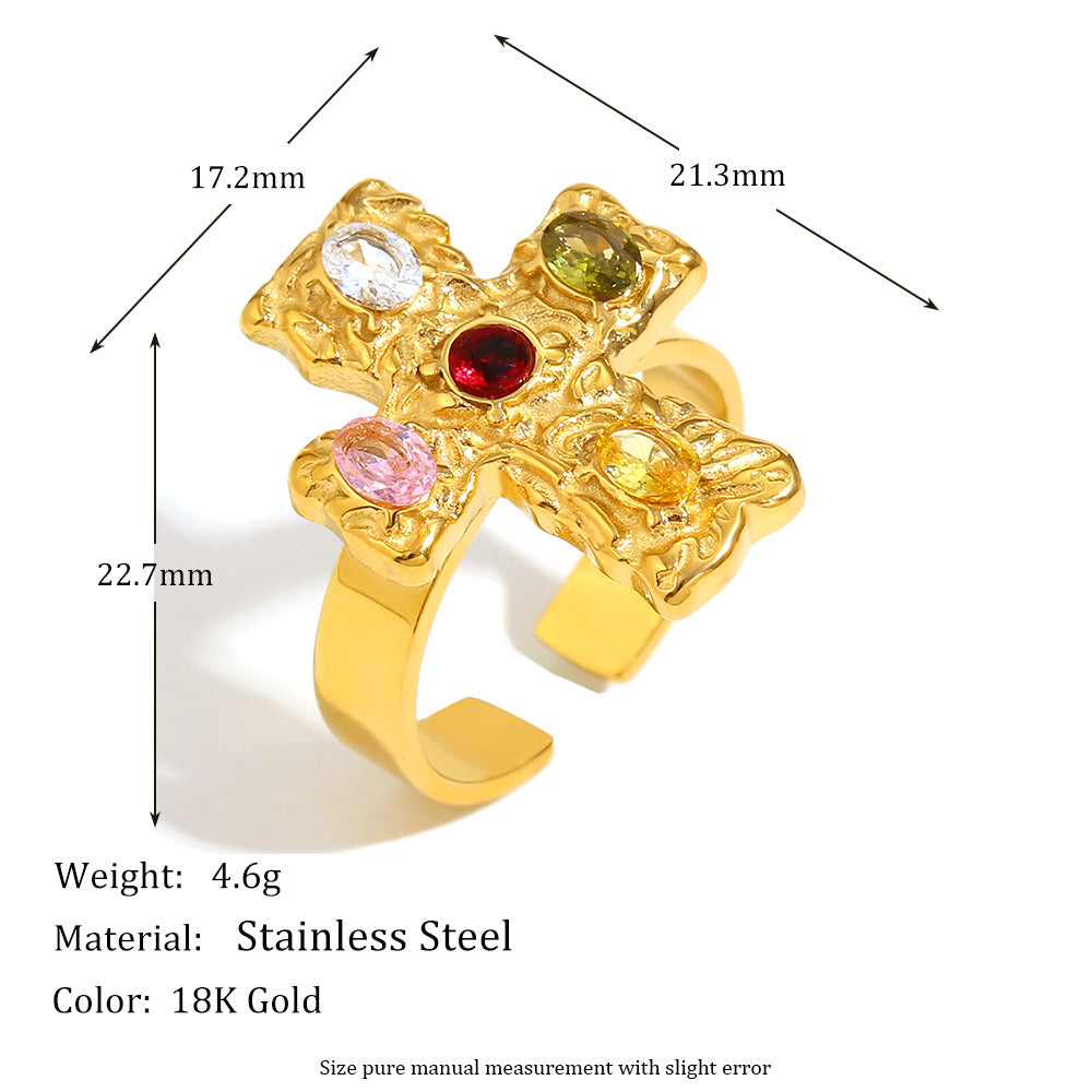 Vintage Style Geometric Cross-Shaped Stainless Steel Ring with 18K Gold Plating and Colorful Rhinestone Accents for Women