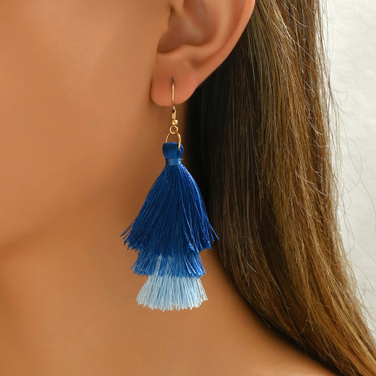 Aretes colgantes de borlas en capas con diseño geométrico casual para mujer, de aleación de zinc con postes de acero inoxidable
