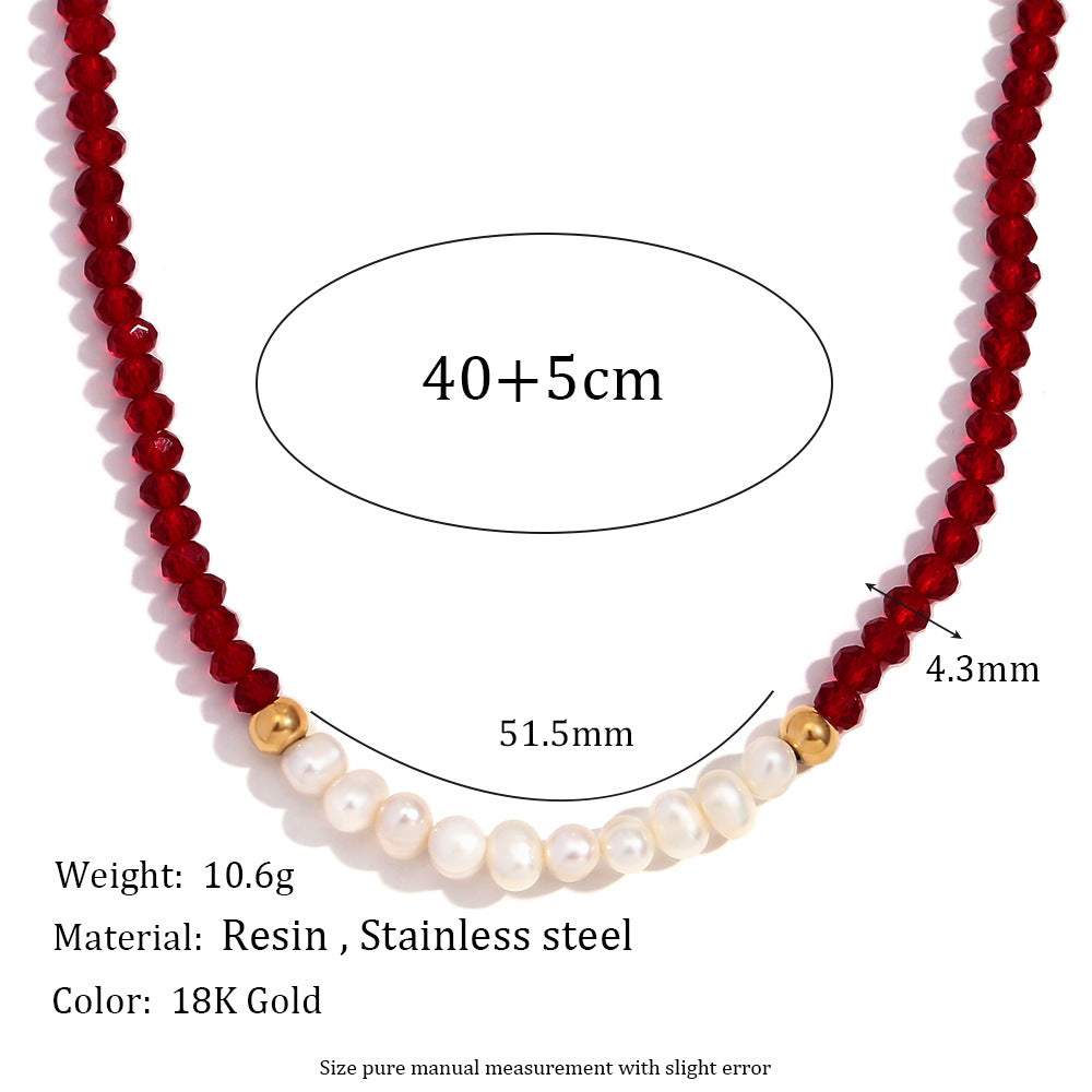 Collar con colgante geométrico de estilo vintage para mujer, cadena de acero inoxidable con diez perlas de agua dulce y cuentas de cristal facetado rojo