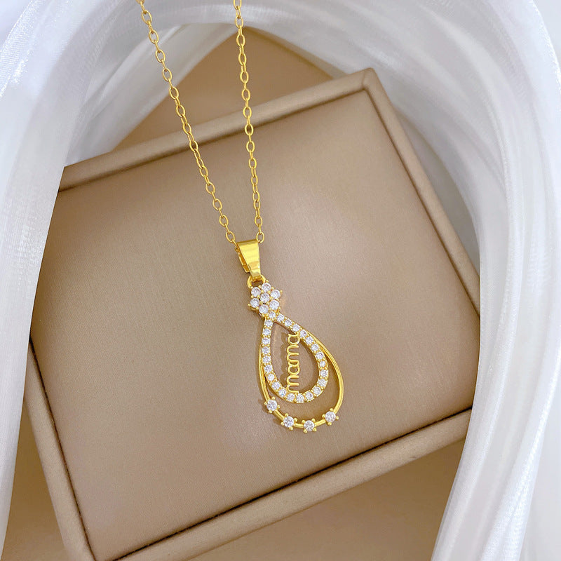 Collar con Colgante de Gota de Agua Estilo Dibujo Animado para Mujer, Cadena de Acero Inoxidable Minimalista con Camafeo y Detalles Completos de Diamantes de Imitación