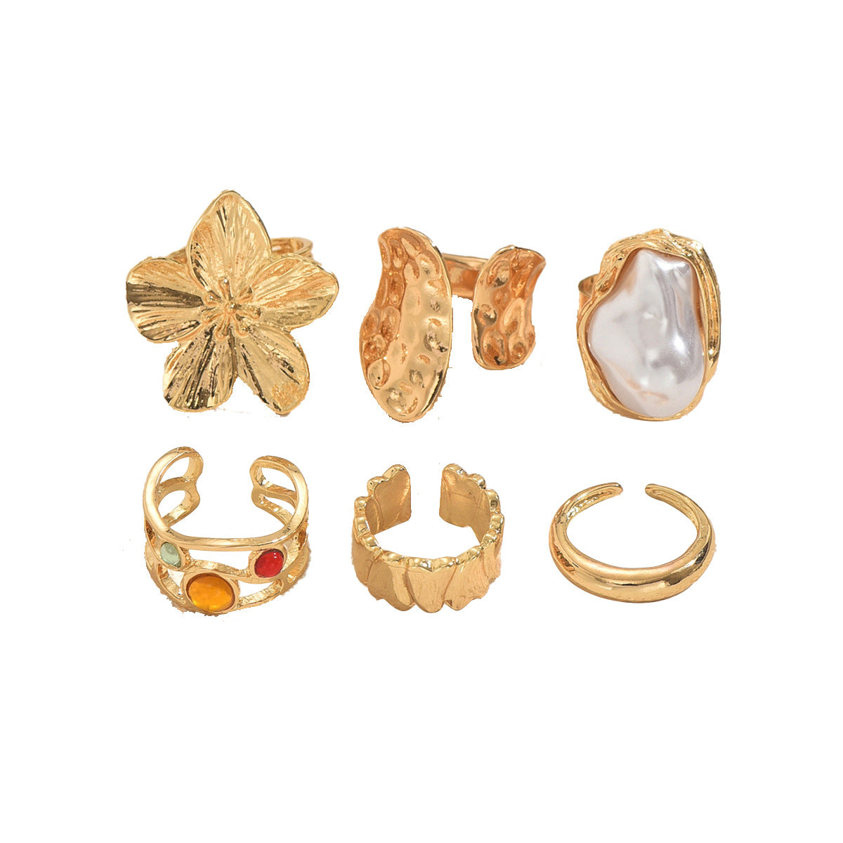 Set di anelli aperti da donna minimalistici floreali geometrici in lega di zinco con perle a micro-pavé