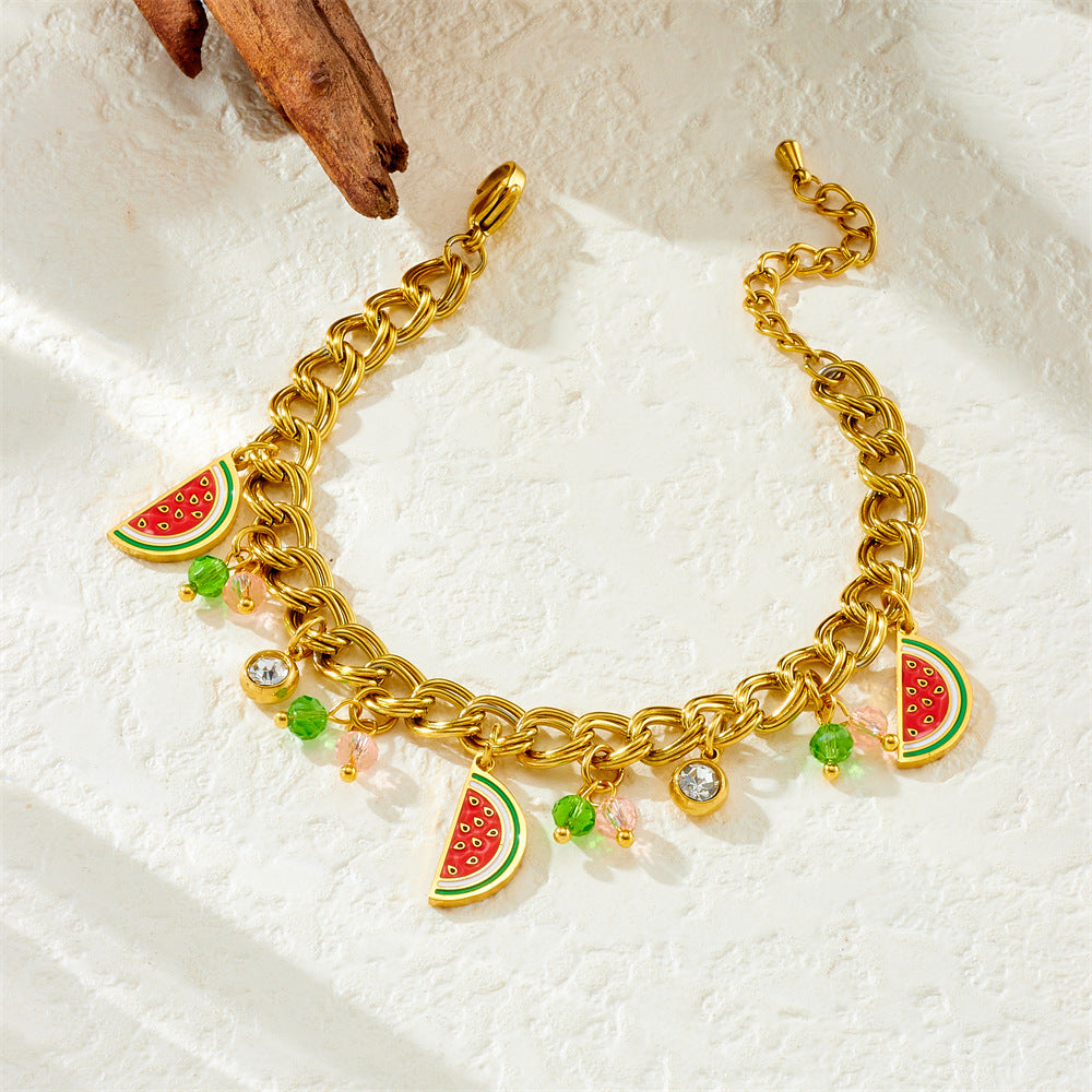 Sweet Cartoon Drip Oil Plated Stainless Steel Bracelet with Lemon Avocado Watermelon Pineapple Charms