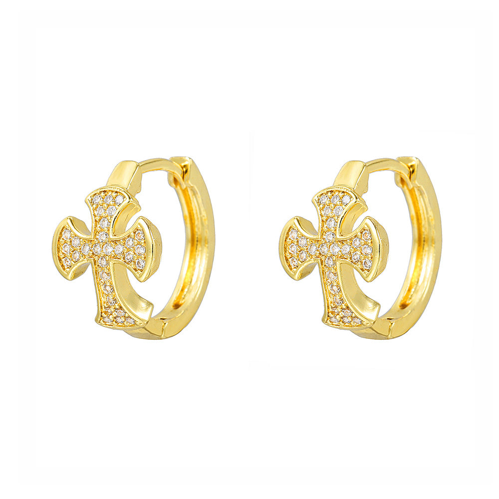 Gold Plated Brass Micro-Set Cubic Zirconia Geometric Leaf Cross Heart Round Hoop Earrings for Women