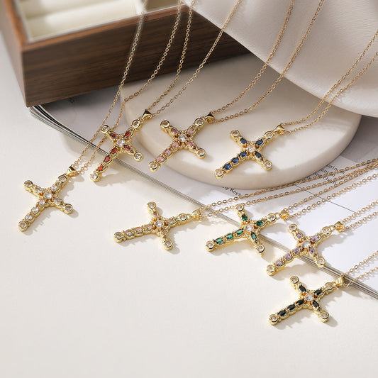 Minimalist Cross Pendant Necklace for Women with Copper Base Plated in Real Gold and Zircon Inlay