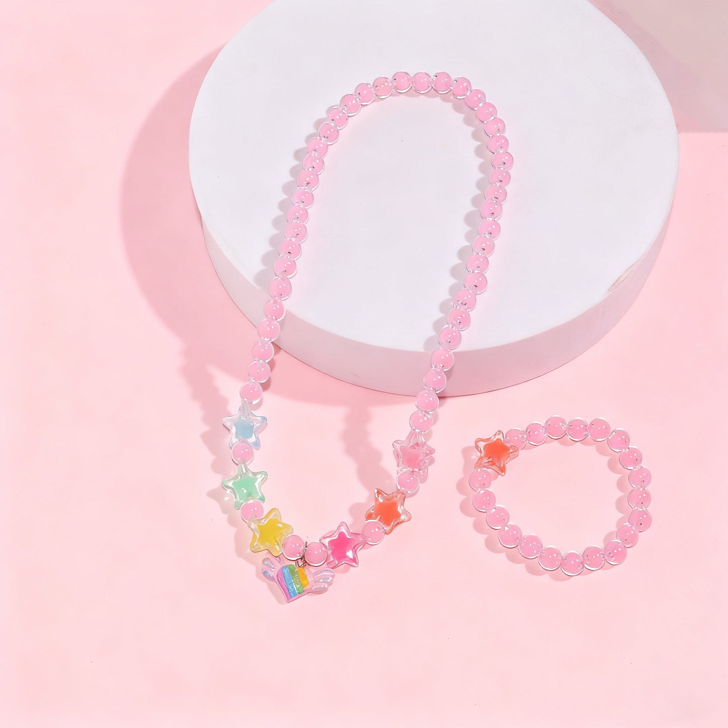 Cartoon Style Unicorn and Heart-Shaped Resin Beaded Necklace Set for Girls with Round Bead Chain