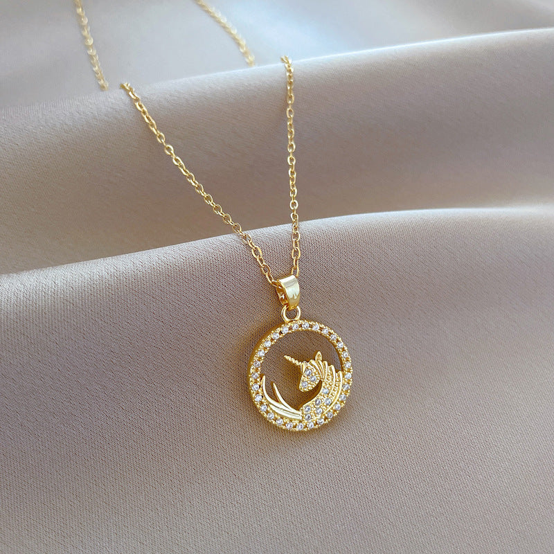 Minimalist Unicorn Pendant Necklace in Titanium Steel with Zircon Inlay for Women and Men, Delicate Clavicle Chain with Geometric Design and Moon Motif