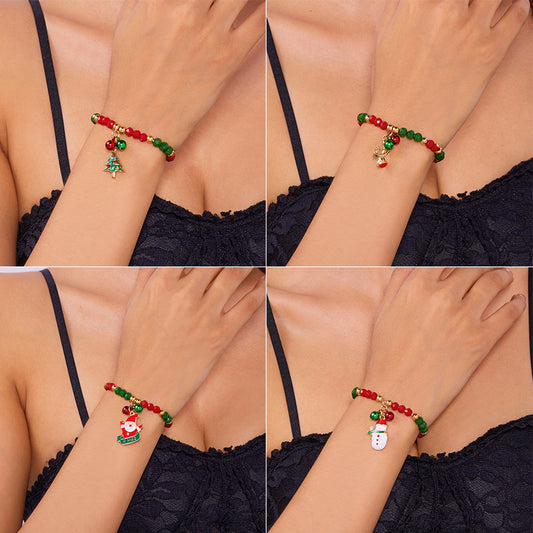 Luxury Style Cartoon Santa Claus and Snowman Pendant Bracelet for Women Alloy Handmade Christmas Tree Ornament with Crystal Beads