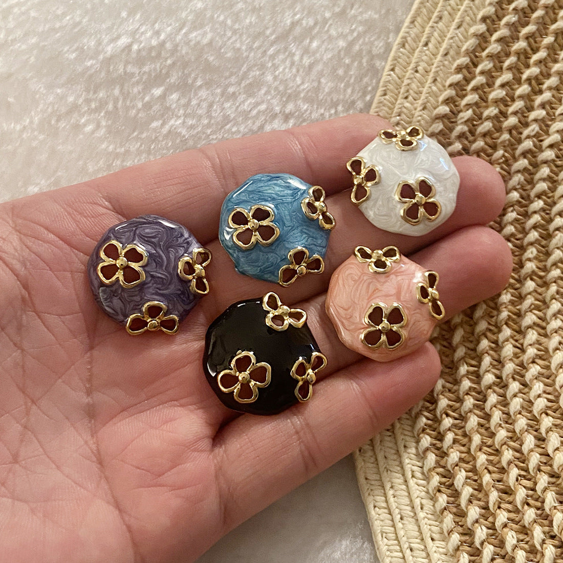Vintage Floral Enamel Stainless Steel Stud Earrings with Hollow-Out Round Flower Design for Women