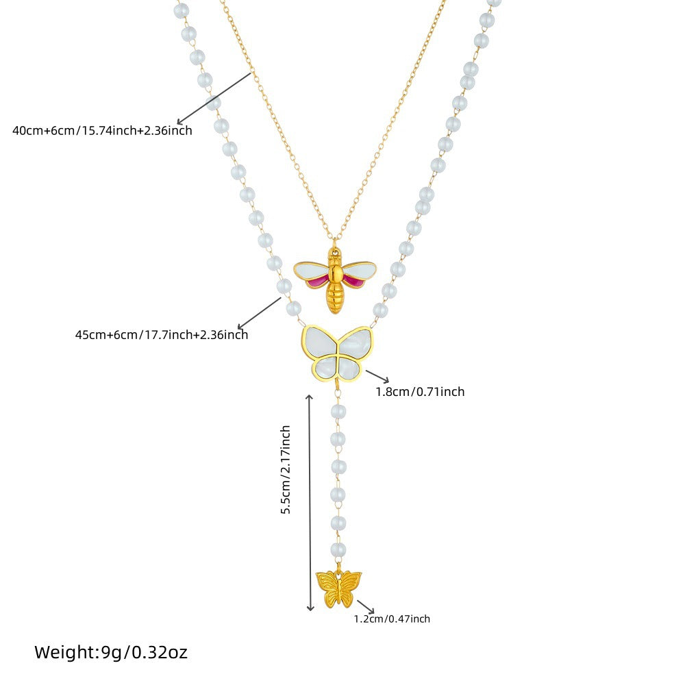 Vintage Fashion Stainless Steel Butterfly and Bee Enamel Pendant Necklace with O-Chain for Women