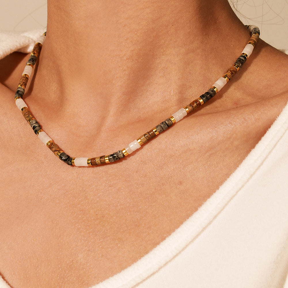 Bohemian Minimalist Round Geometric Wood Bead Necklace with Cubic Zirconia Pendant Ball Chain Unisex Jewelry
