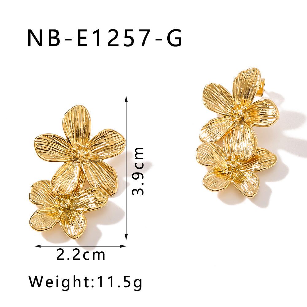 Orecchini pendenti da donna stile vintage francese placcati oro 18 carati in acciaio inossidabile a forma di fiore e foglia