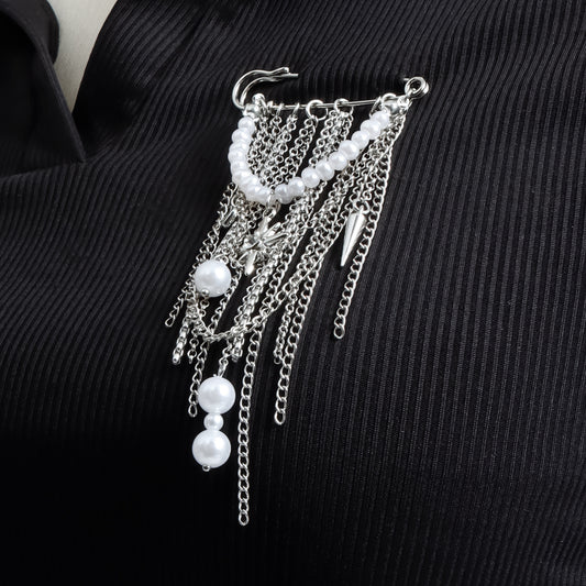 Elegant Geometric Star Alloy Brooch with Pearl Inlay and Tassel Details