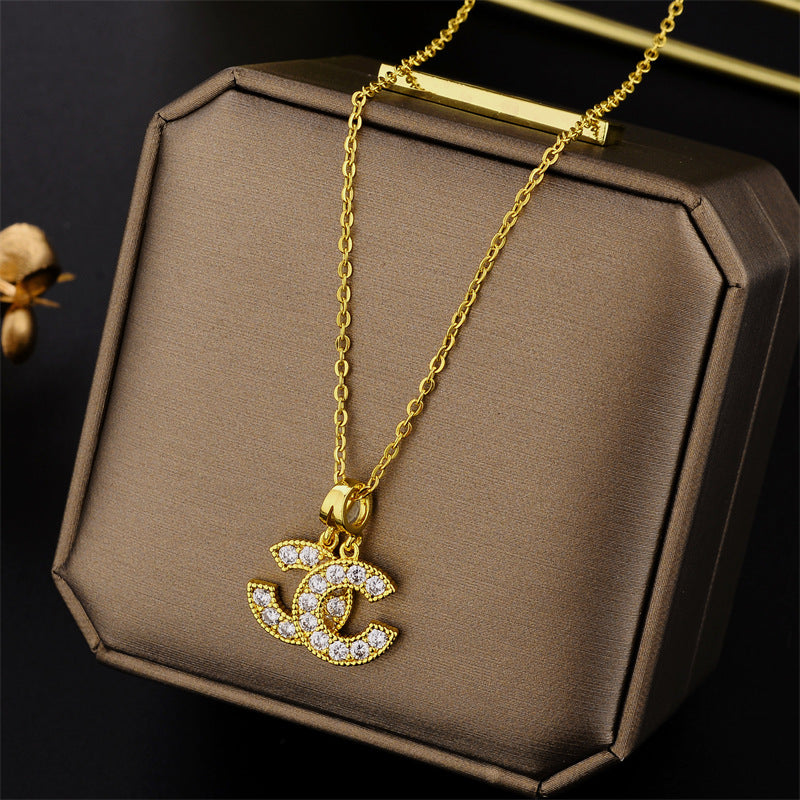 Minimalist Geometric Double C Pendant Necklace for Women in Titanium Steel with Gold Plating on O-Chain