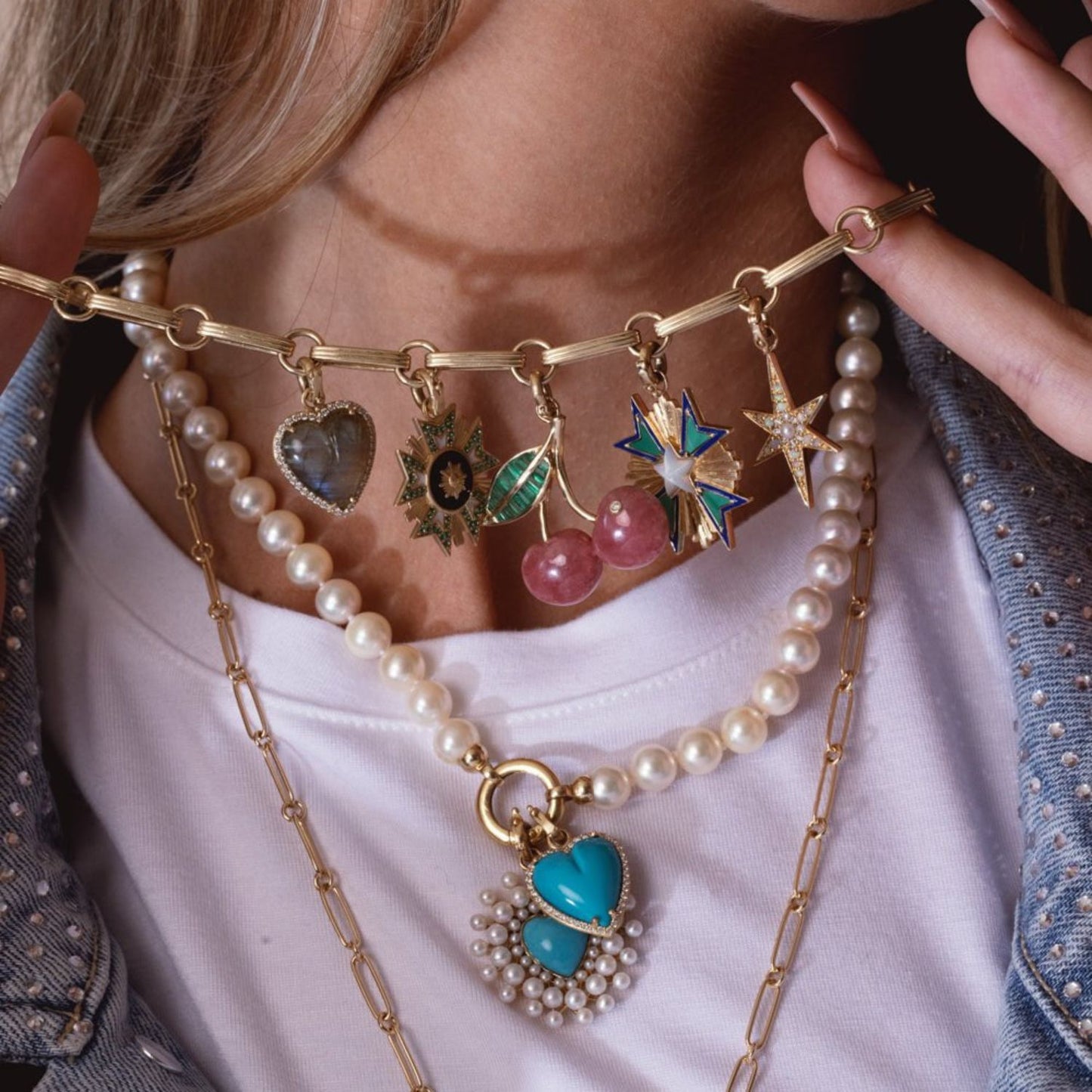Vintage Geometric Brass Plated Gemstone Fruit Pendant Necklace