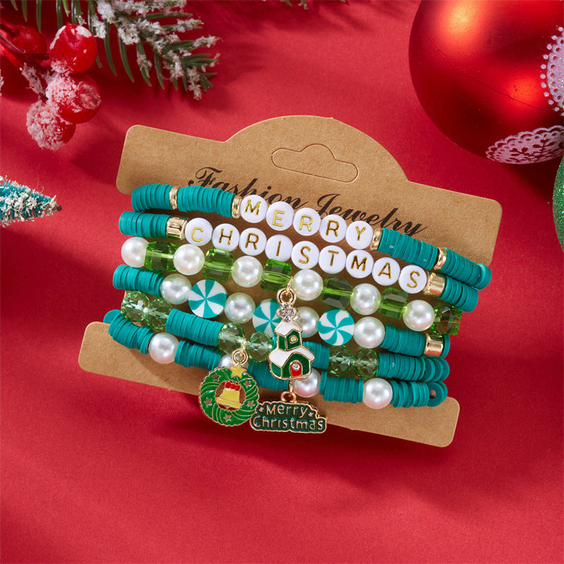 Casual Cartoon Alloy and Resin Beaded Bracelet with Santa Claus and Bell Charms