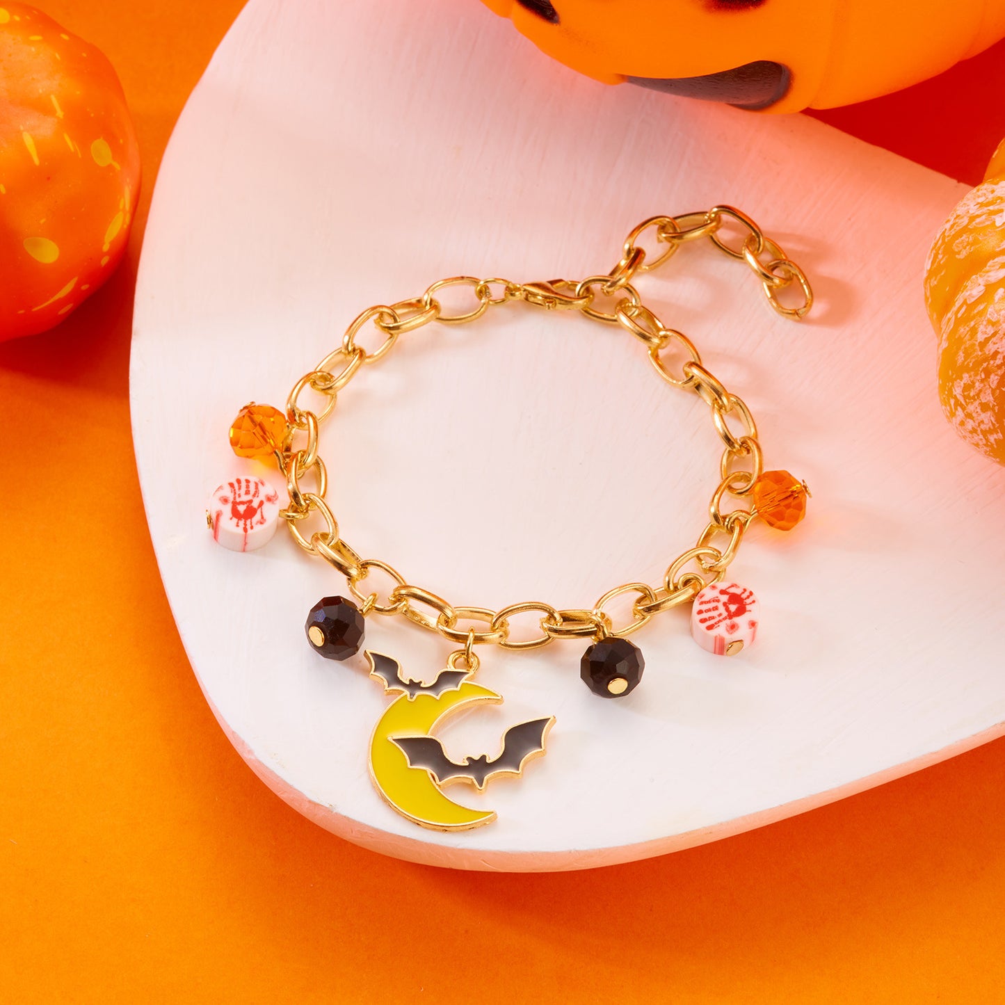 Pulsera de aleación con esqueleto, fantasma y calabaza de Halloween "Sweet-Edgy" con detalles de diamantes de imitación y acabado chapado
