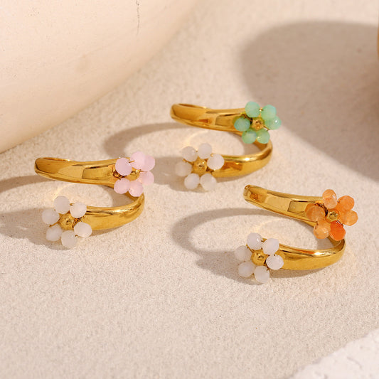 Anillo Minimalista Floral de Acero Inoxidable con Chapado en Oro de 18K para Mujer