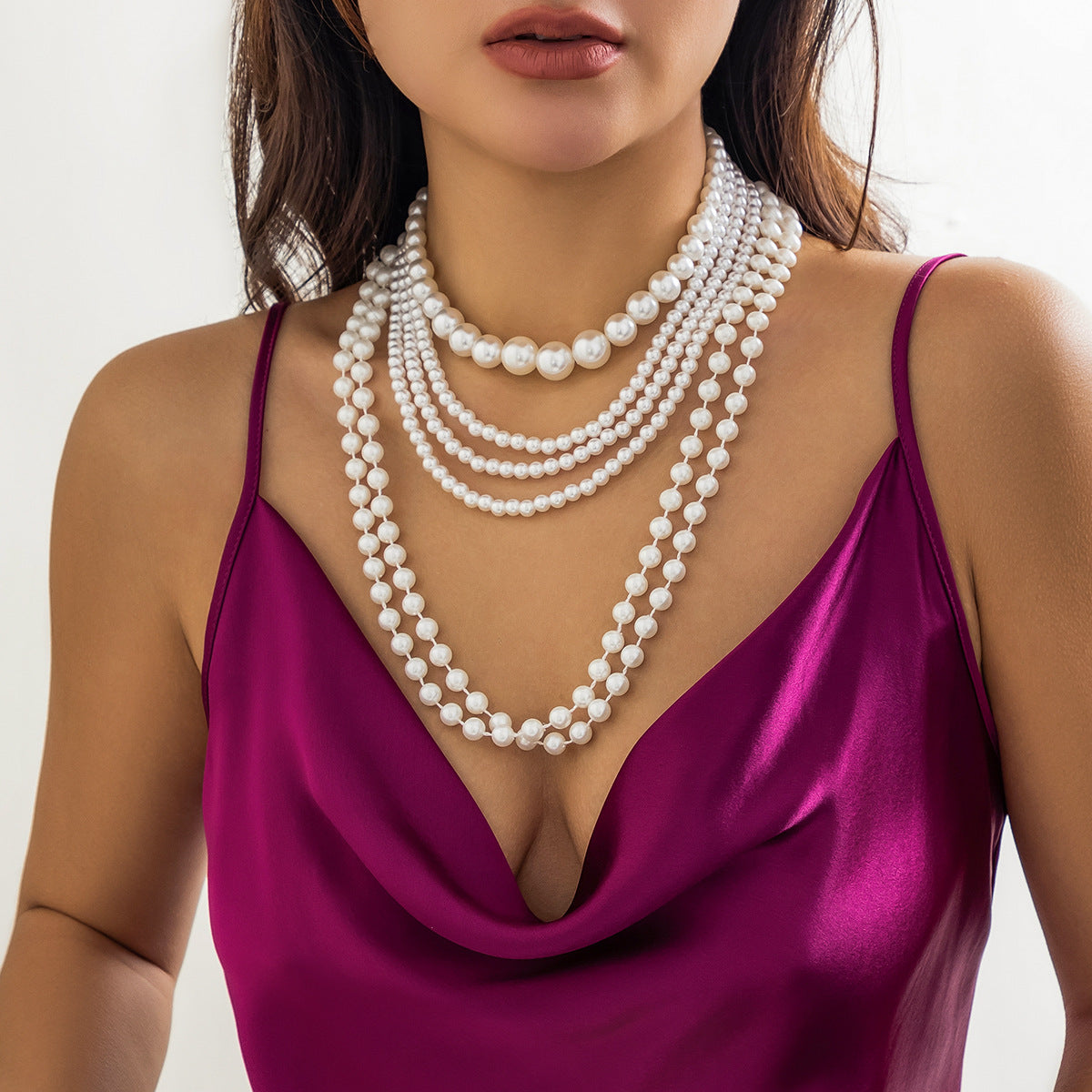 Vintage French-Inspired Multi-Layer Pearl-Style Choker Necklace for Women with Geometric Beads and Ball Chain