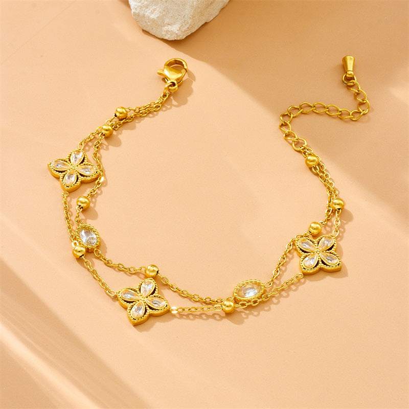 Luxury Elegant Geometric Floral Rhinestone Inlay Stainless Steel Double Layer Bracelet with Pearl
