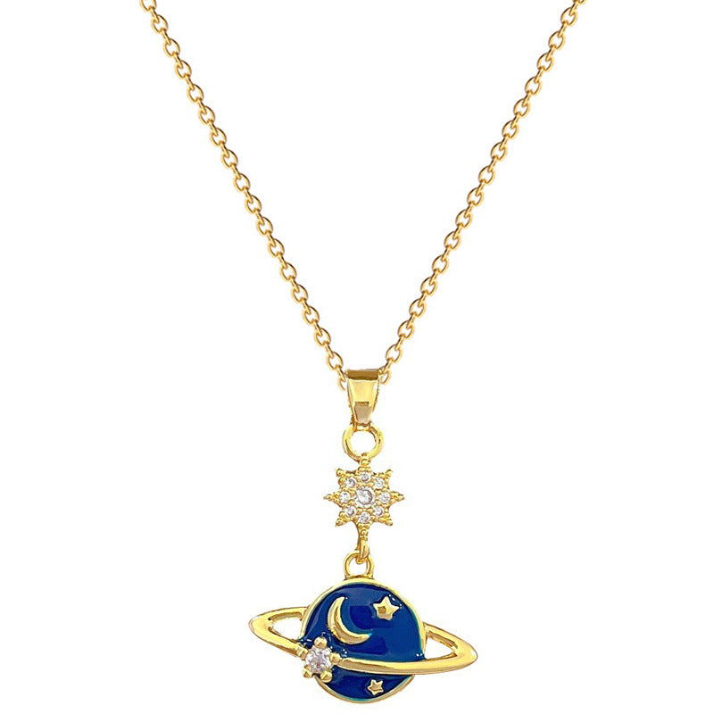 Luxury Sweet Galaxy Planet Pendant Necklace Titanium Steel Chain Rhinestone Inlay Geometric Design