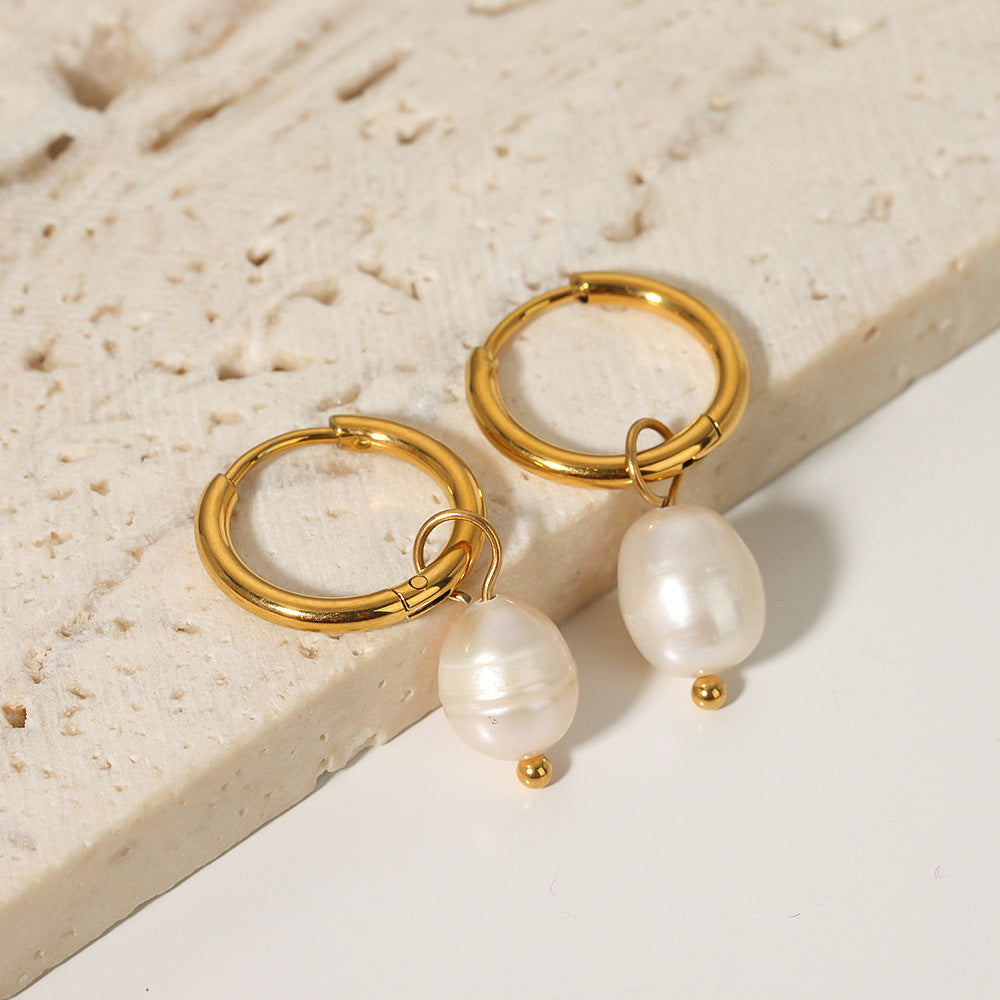 Vintage French Style Geometric Freshwater Pearl Earrings in Titanium Steel with Plated Finish for Women