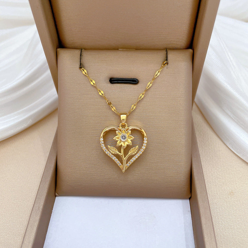 Elegant Heart-Shaped Rose Gold Plated Stainless Steel Necklace with Rhinestone Accents for Women, Delicate Clavicle Chain