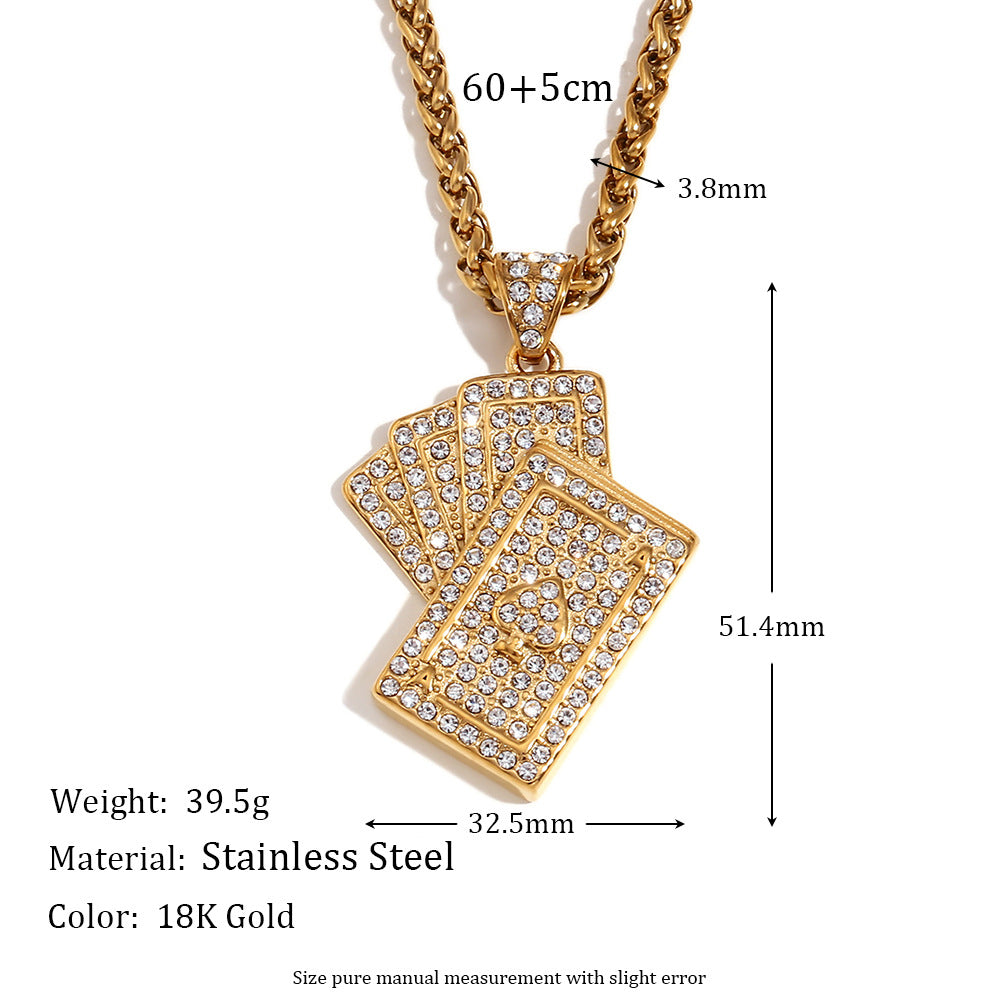 Minimalist Poker Card Pendant Necklace for Women Stainless Steel with 18K Gold Plating and Full Rhinestone Inlay on Adjustable Chain