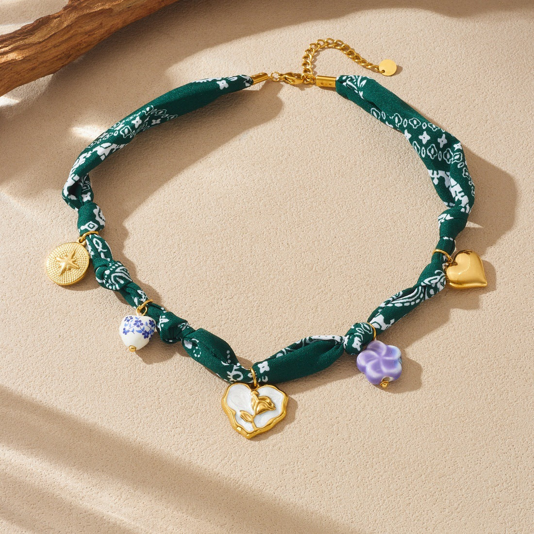 Bohemian Ethnic Vintage Gold Plated Drip Oil Floral Heart Stainless Steel Rope Chain Necklace for Women