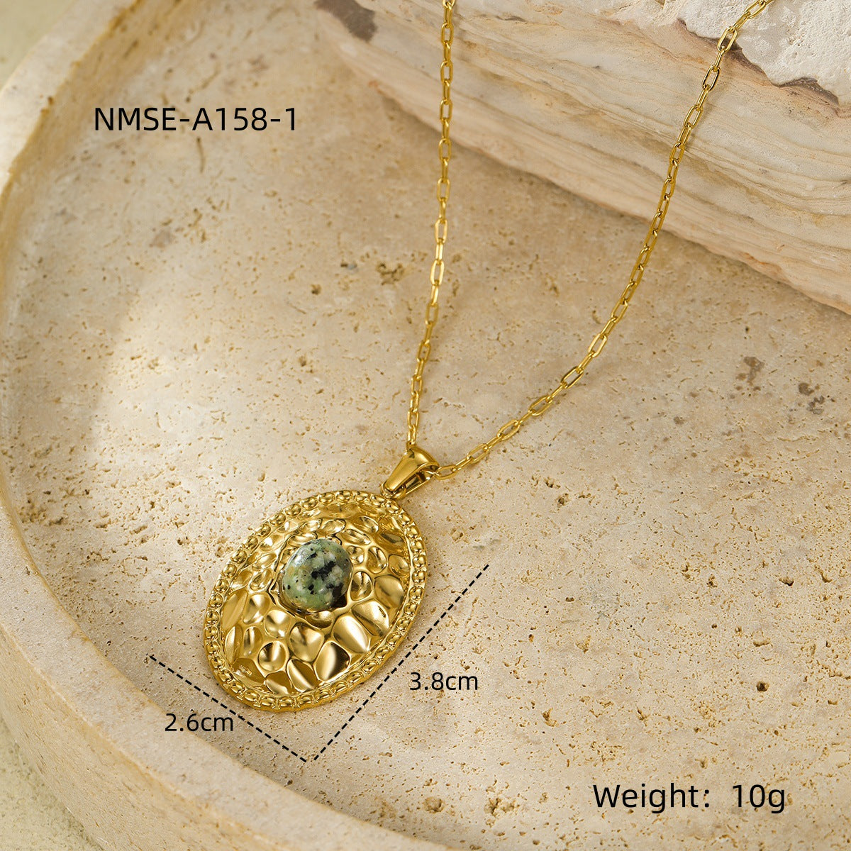 Collana con Pendente Ovale di Pietra Naturale Incastonata, in Acciaio al Titanio Placcato, Stile Trendy per Donna