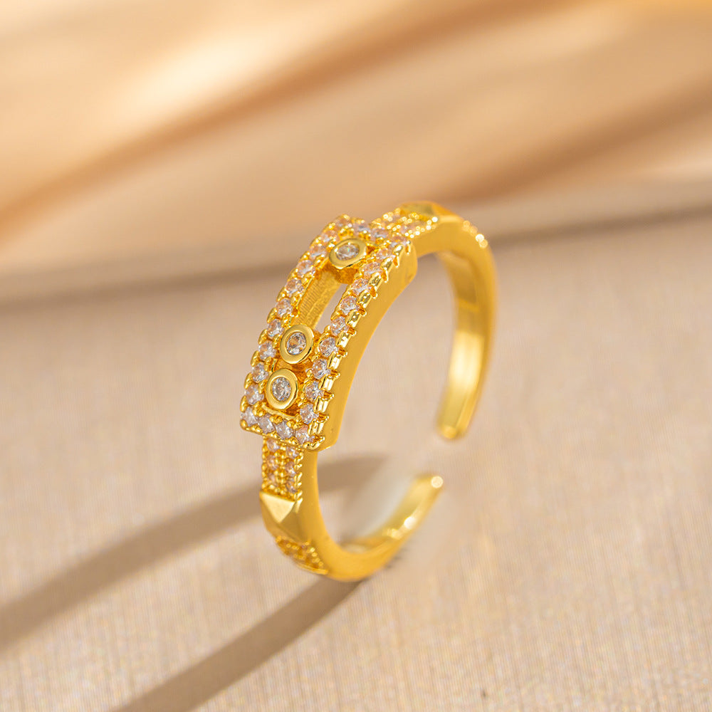 Luxury Minimalist Adjustable Open Ring for Women with Gold-Plated Copper Band and Zircon Stone Accent in Heart and Floral Shape