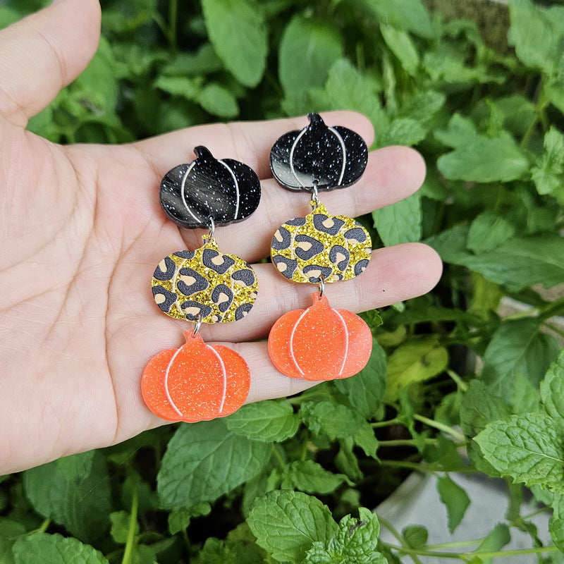 Pendientes acrílicos de calabaza con estampado de leopardo a cuadros blancos y negros para mujer para Halloween, Pascua, otoño