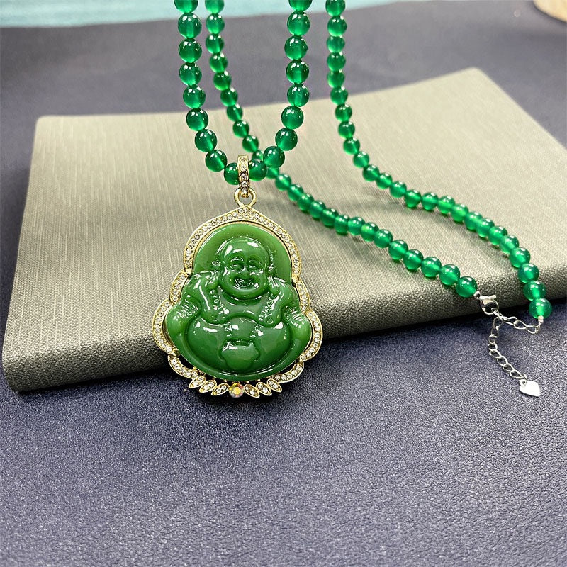 Collana con ciondolo Budda che ride dal design originale con intarsio in agata rossa per donne e uomini, catena lunga a strati per maglione