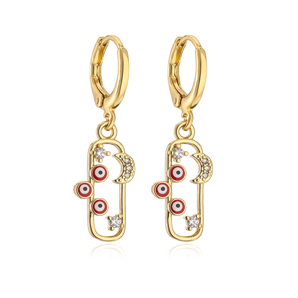 Geometric Star Moon Eye Earrings in Copper with Real Gold Plating and Zircon Inlay