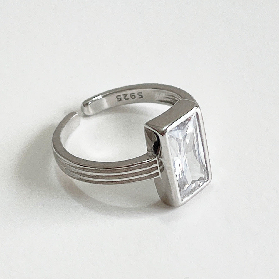 925 Sterling Silver Ring with Rhinestone Inlay, Geometric Design, Women's Fashion Jewelry, Luxury Style, Minimalist Aesthetic
