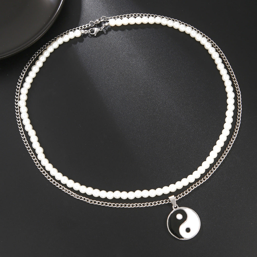 Hip-hop Geometric Round Stainless Steel Necklace with Alloy Tai Chi Pendant and Double Layer Pearls for Unisex
