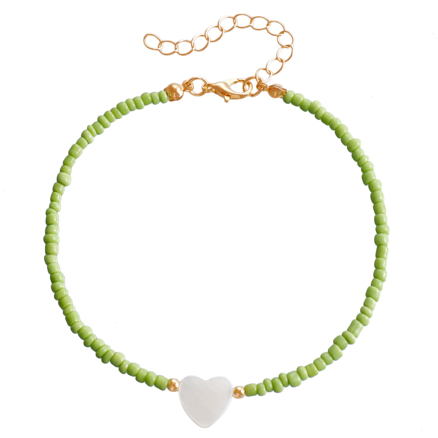 Bohemian Style Adjustable Anklet with Mother-of-Pearl Heart Charm and Colorful Seed Beads on Alloy Chain