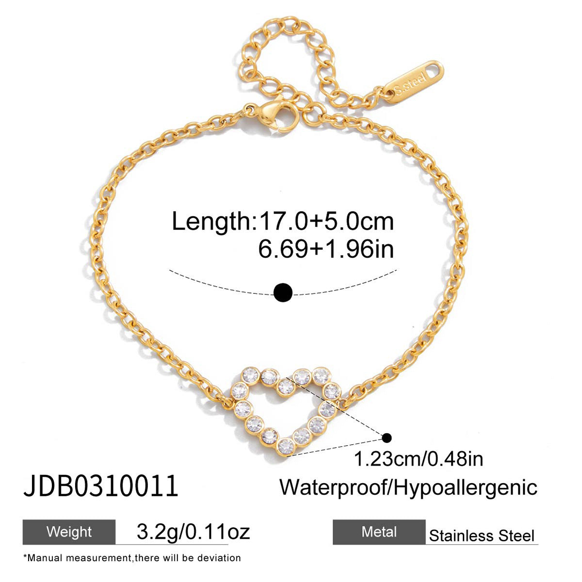 Elegant Minimalist Geometric Heart Stainless Steel Plated Cubic Zirconia Tennis Bracelet for Women