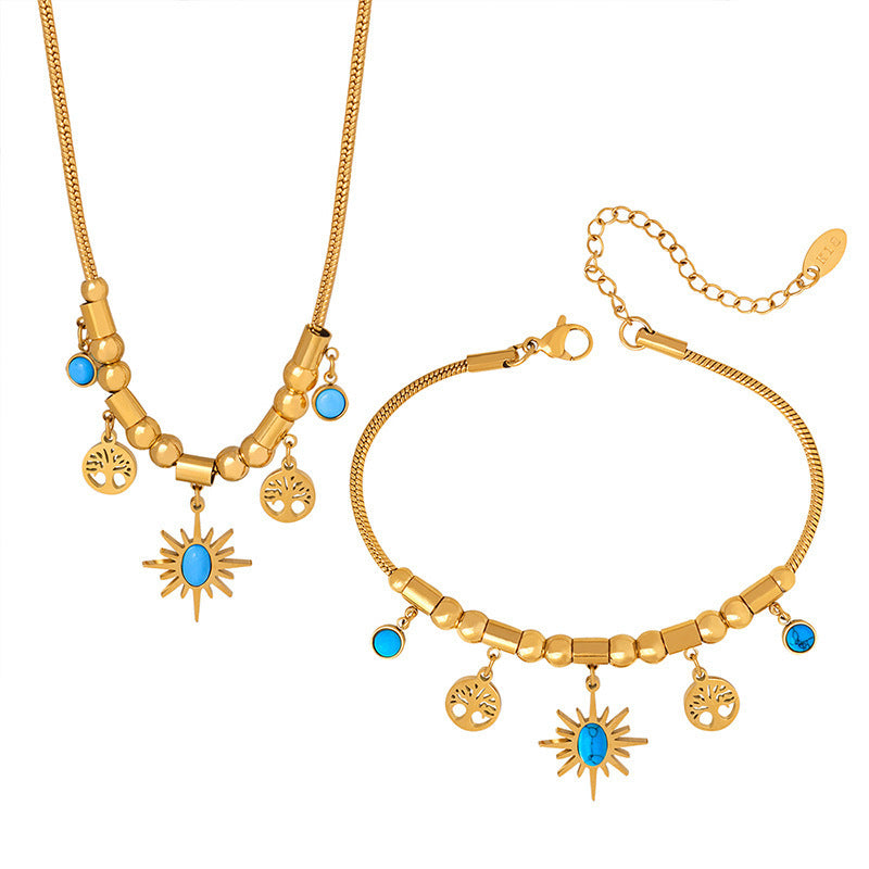 Vintage Casual Star Floral Inlay Turquoise Rhinestone Titanium Steel Necklace for Women