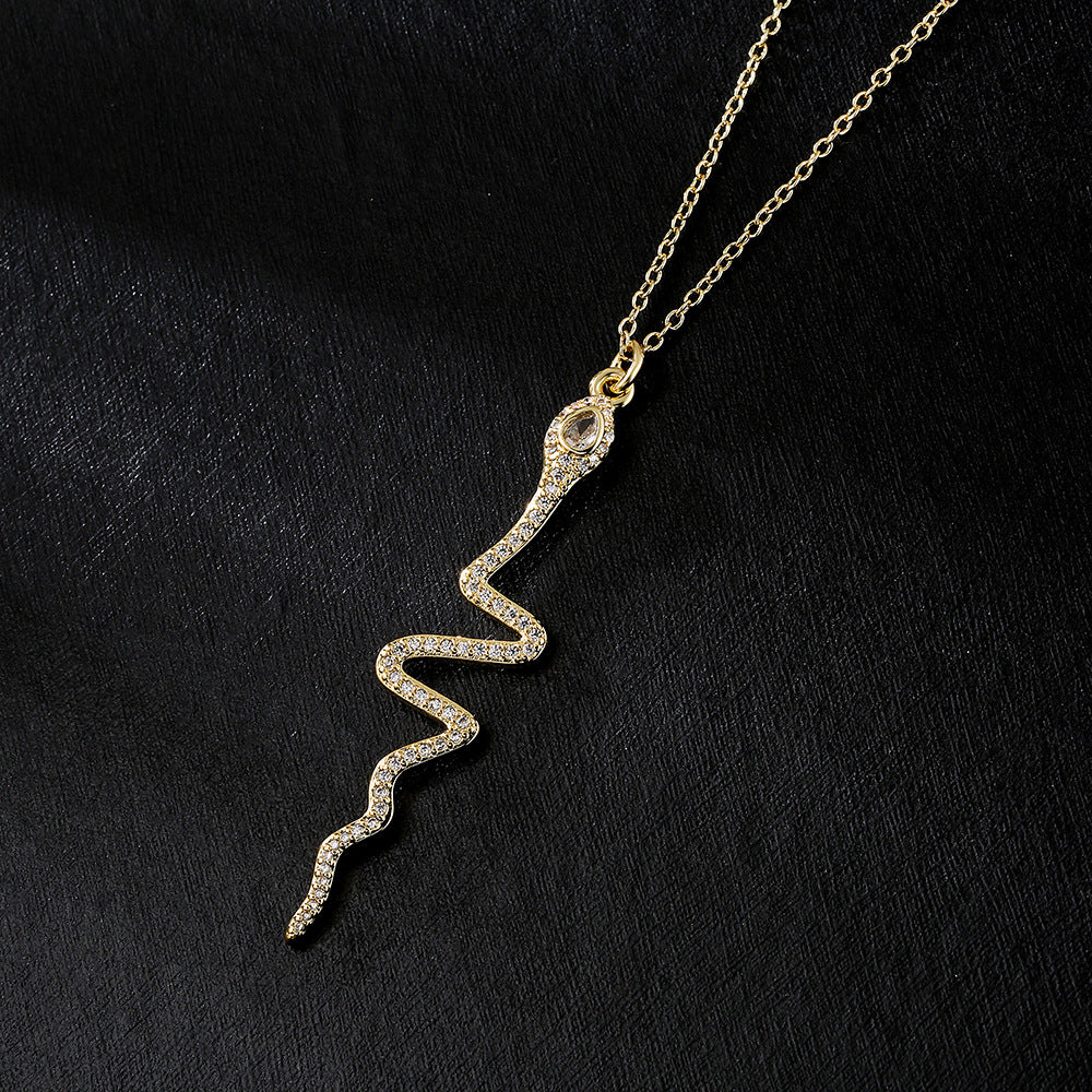 Geometric Snake Pendant Necklace for Women Made of Copper with 18K Gold Plating and Zircon Inlay