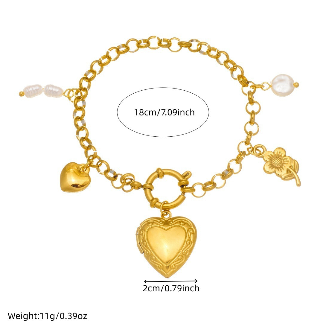 Gold Plated Heart and Round Floral Pearl Bracelet for Women
