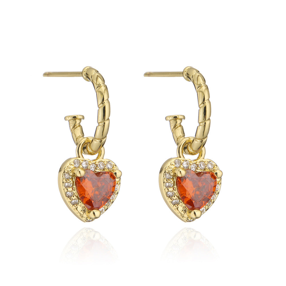 Geometric Heart-Shaped Copper Earrings with 18K Gold Plating and Four-Color Cubic Zirconia for Women