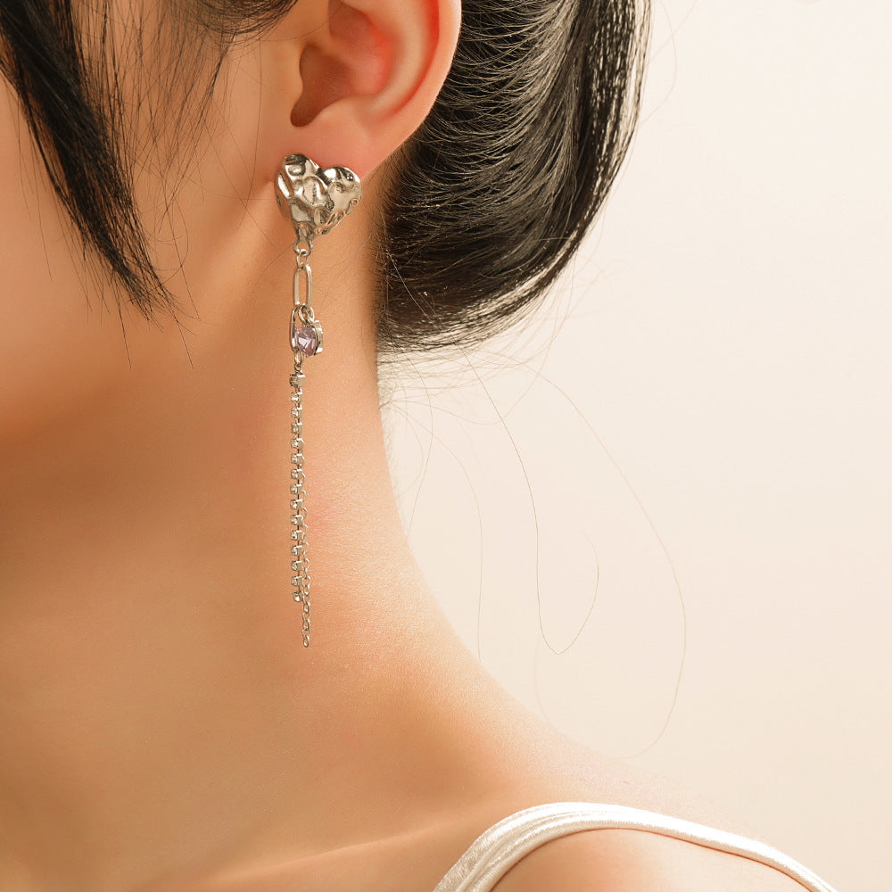 Sweet Minimalist Heart Geometric Alloy Earrings with Purple Cubic Zirconia and 925 Sterling Silver Post Long Tassel Drop Earrings for Women
