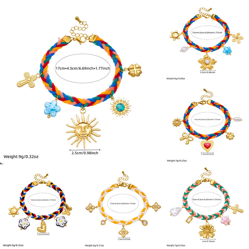 Minimalist Elegant Gold Plated Stainless Steel and Ceramic Heart and Floral Charm Bracelet with Rhinestone
