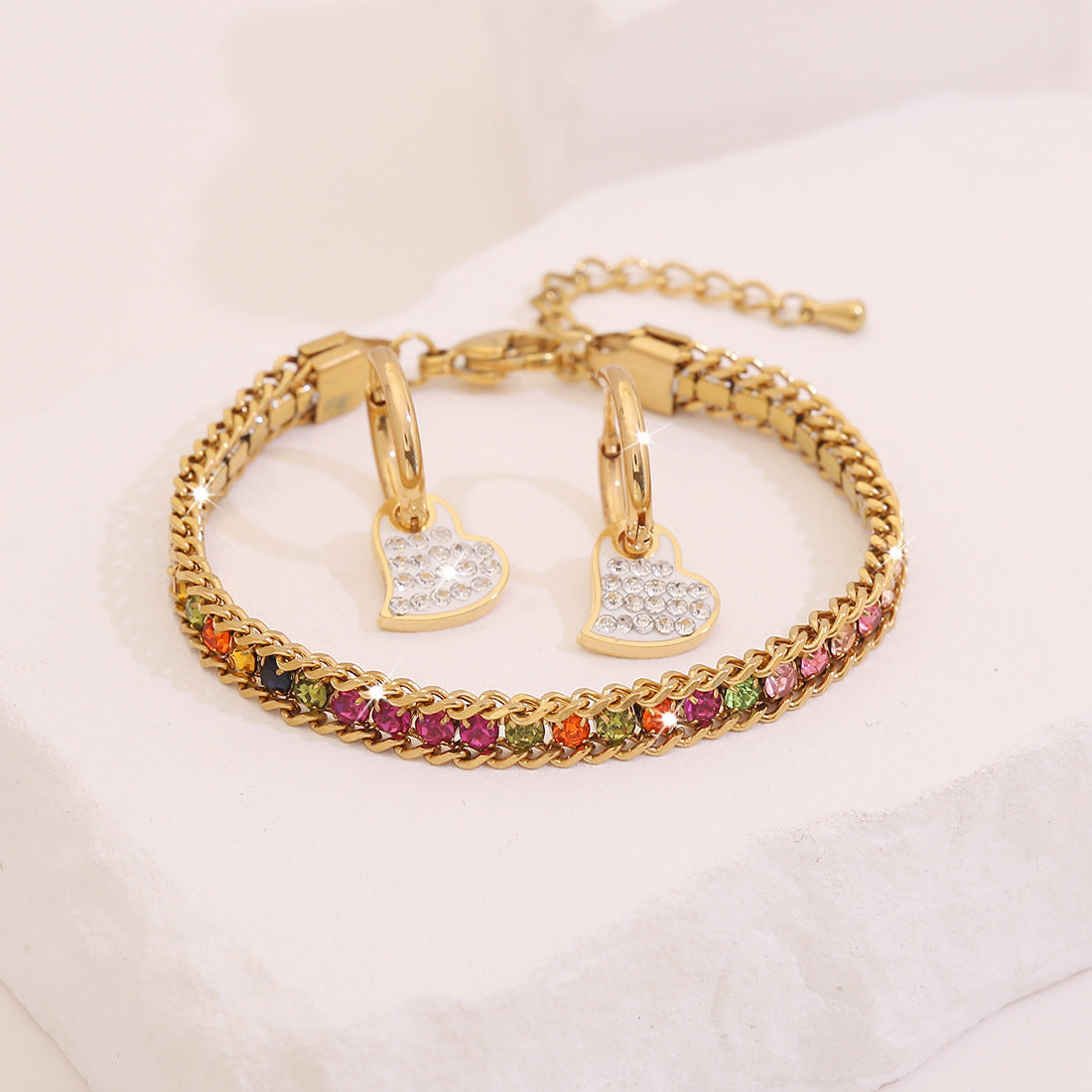 Fashionable OL Style Heart-Shaped Rhinestone-Embellished Stainless Steel Bracelet Set with Plating Finish