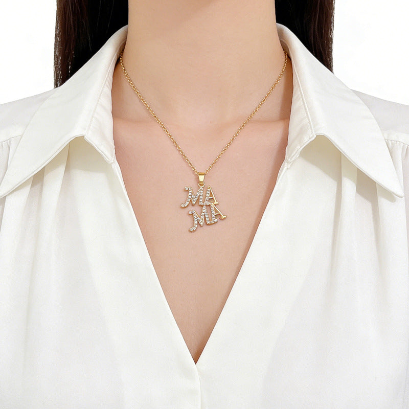 Sweet Minimalist Letter MAMA Rhinestone Inlay Titanium Steel Necklace for Unisex