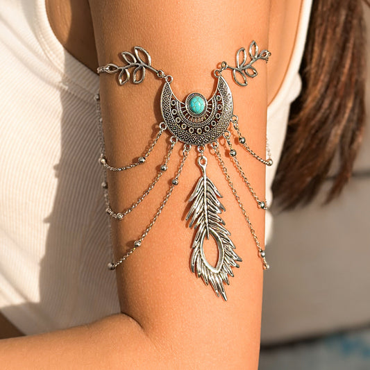 Bohemian Turquoise Tassel Cuff Bracelet for Women with Adjustable Metal Band and Plated Finish